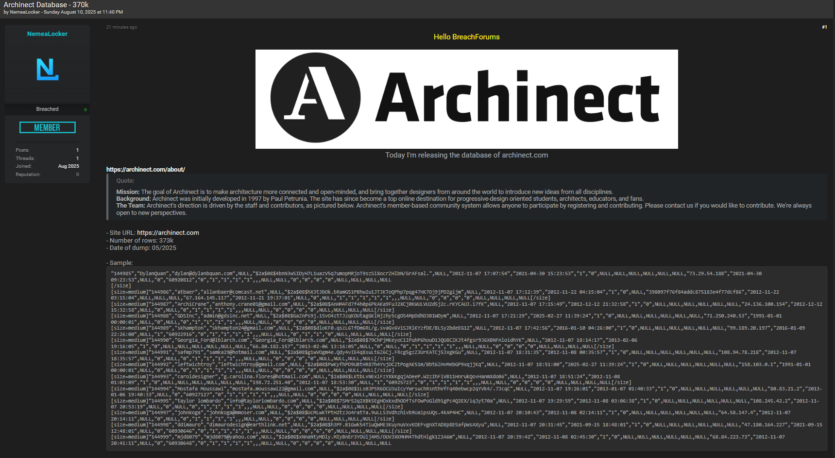 Archinect涉嫌数据外泄