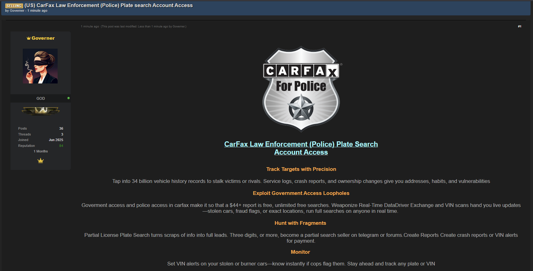 据称向警方出售CARFAX