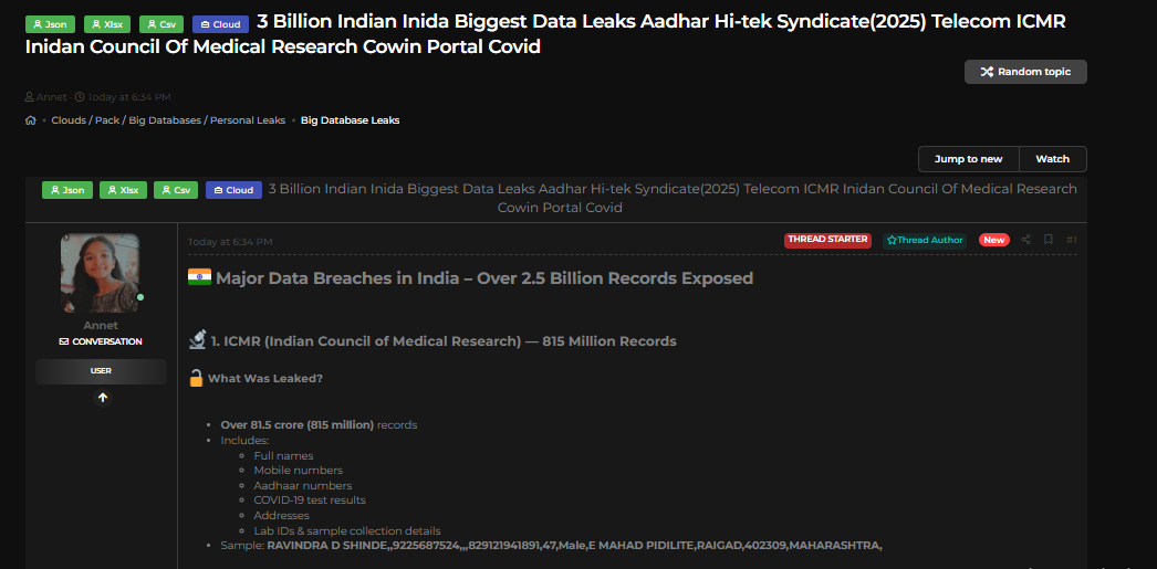 据称与Aadhaar、ICMR、CoWIN和电信数据相关的30亿条印度记录被泄露