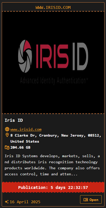Iris ID Systems Inc成为DragonForce勒索软件的受害者