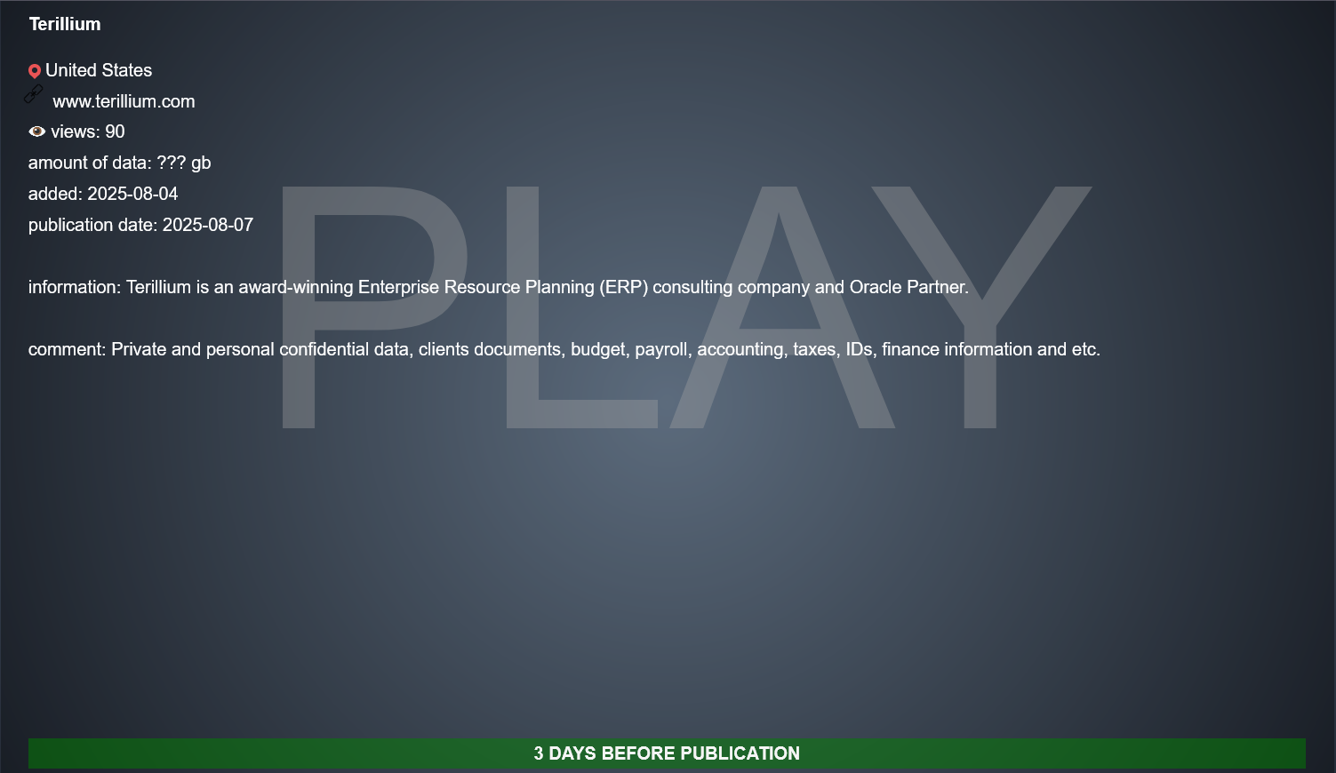Terillium成为PLAY勒索软件的受害者