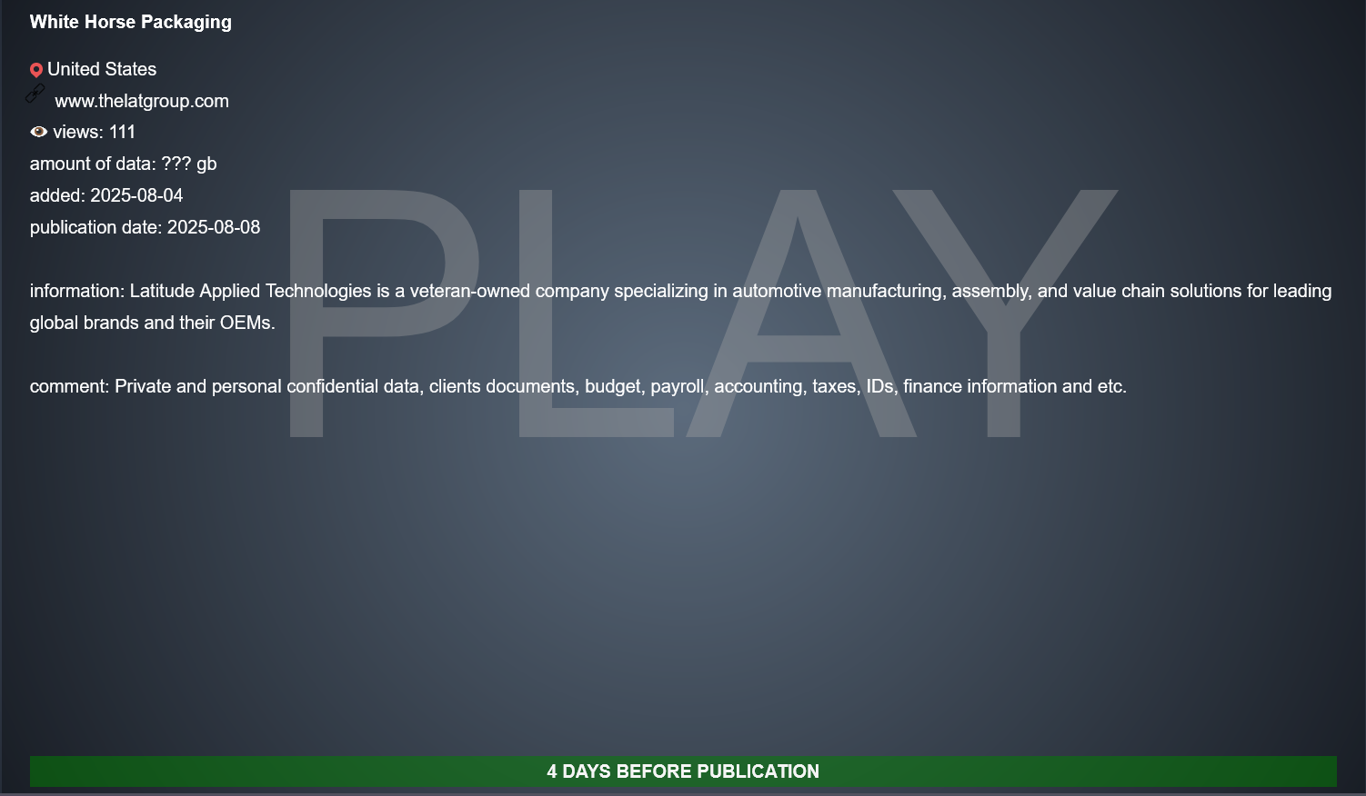 Latitude Applied Technologies成为PLAY勒索软件的受害者