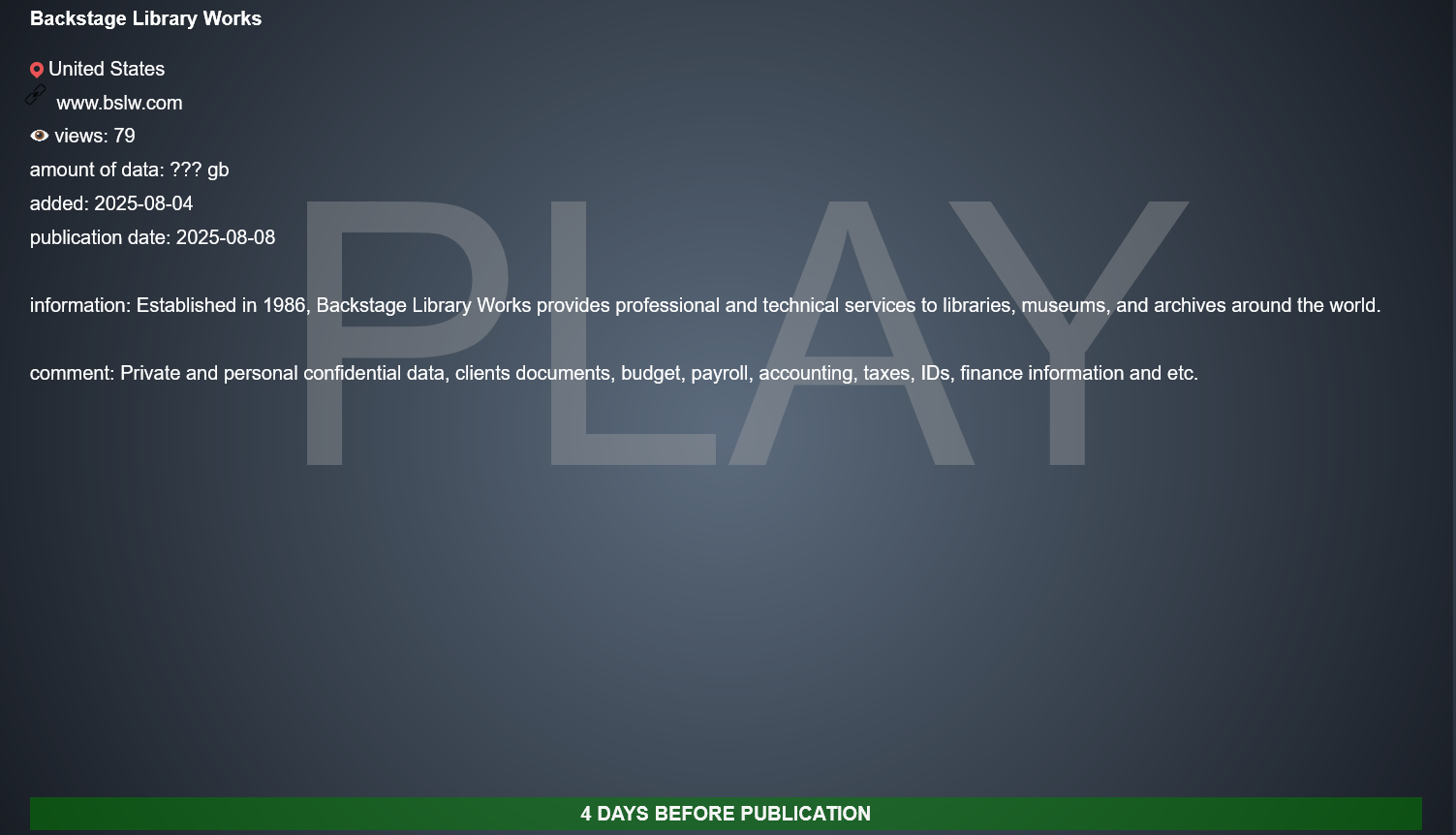 Backstage Library Works成为PLAY勒索软件的受害者