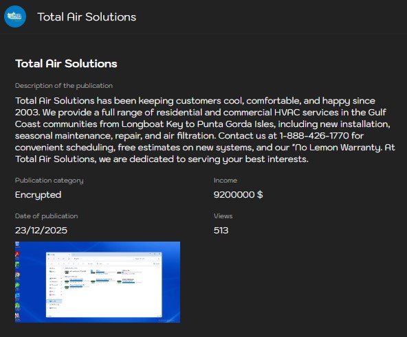 Total Air Solutions，LLC将victim归咎于Sinobi勒索软件