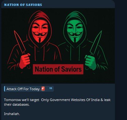NATION OF SAVIORS声称针对印度政府网站