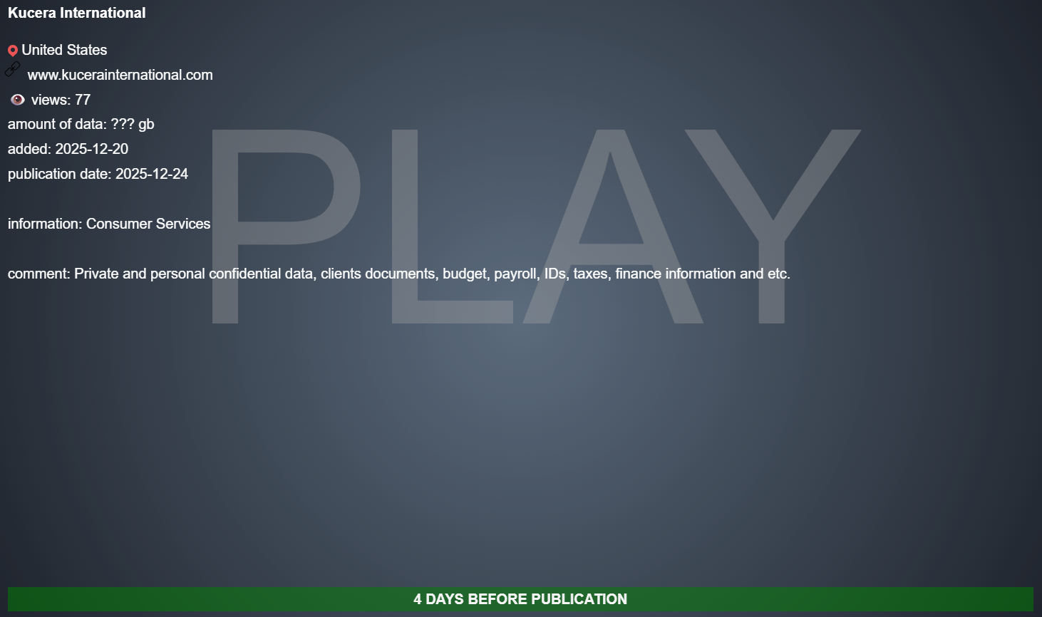 Kucera International Inc.将victim降至PLAY勒索软件