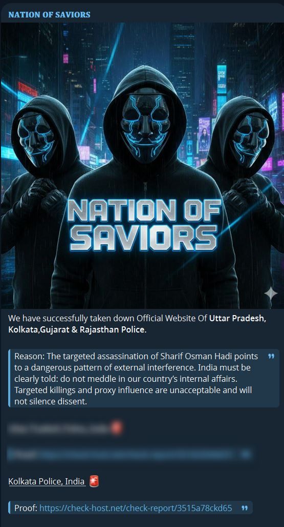 NATION OF SAVIORS瞄准加尔各答Police网站