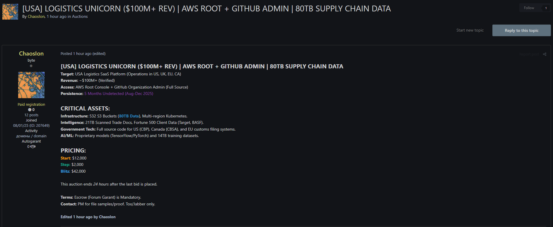 涉嫌向美国一家物流SaaS公司出售未经授权的AWS Root和GitHub Admin访问权限
