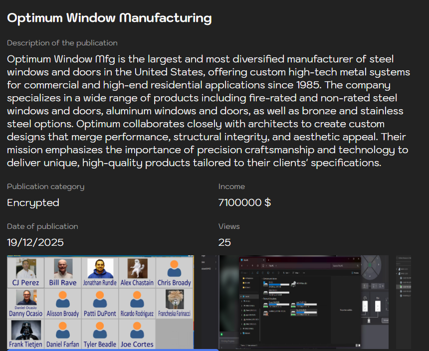 Optimum Window Mfg Corp将victim归咎于Sinobi勒索软件