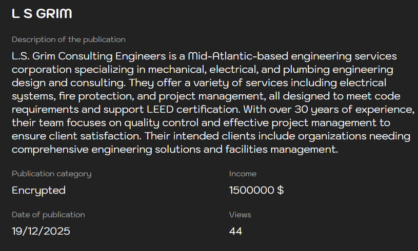 L.S.Grim Consulting Engineers，Inc.将victim归咎于Sinobi勒索软件