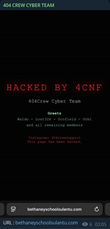 404 CREW CYBER TEAM瞄准伯大尼学校网站苏兰图