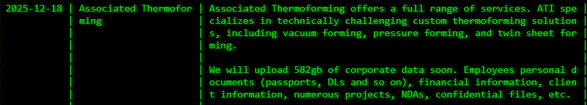 Associated Thermoforming、Inc.将victim降至akira勒索软件