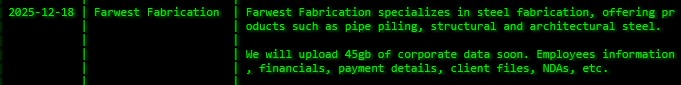 Farwest Fabrication victim落入akira勒索软件手中