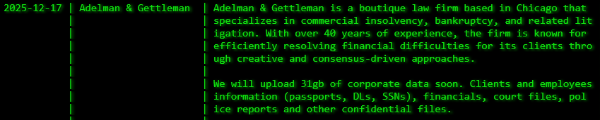 Adelman&Gettleman，Ltd.将victim归咎于akira勒索软件
