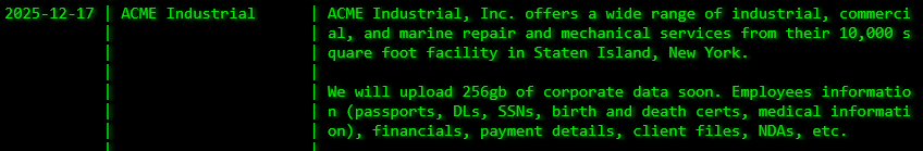 Acme Industrial Company victim落入akira勒索软件手中
