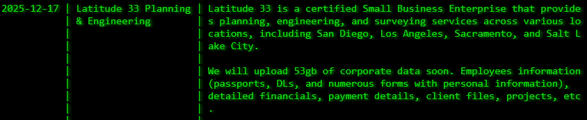 Latitude 33 Planning&Engineering victim落入akira勒索软件手中