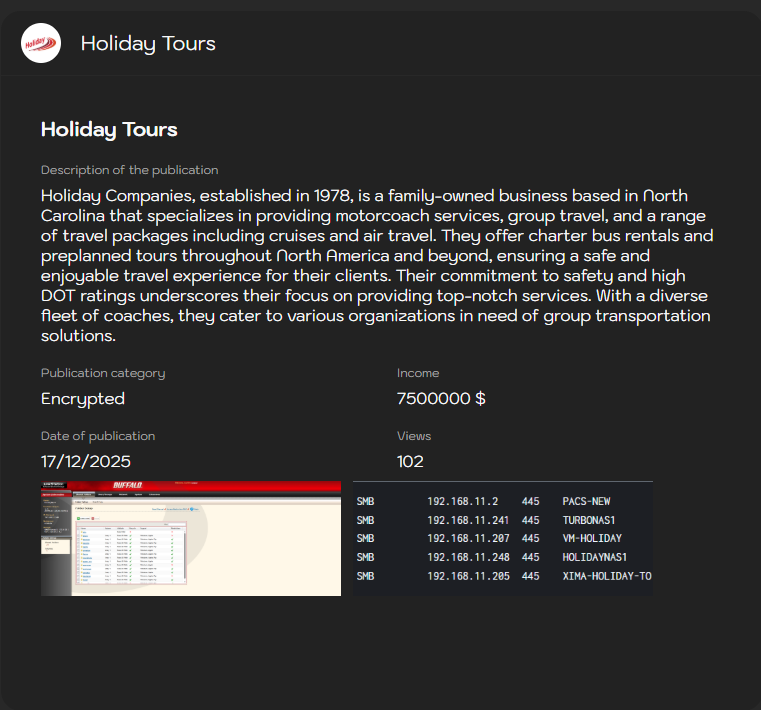 Holiday Tours，Inc将victim归咎于Sinobi勒索软件