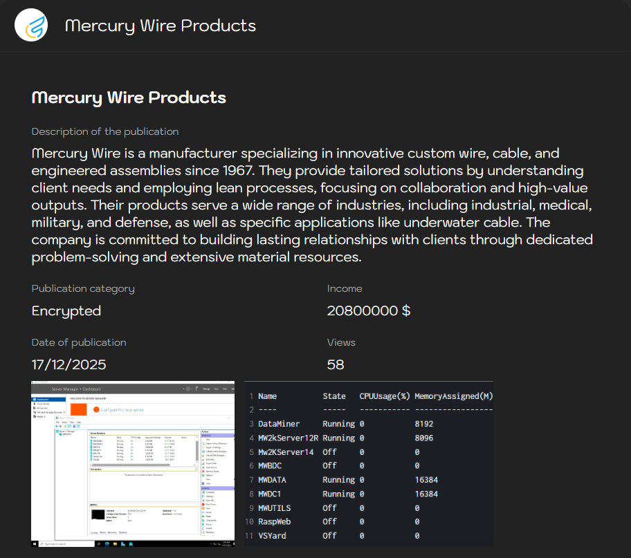 Mercury Wire Products victim落入Sinobi勒索软件手中