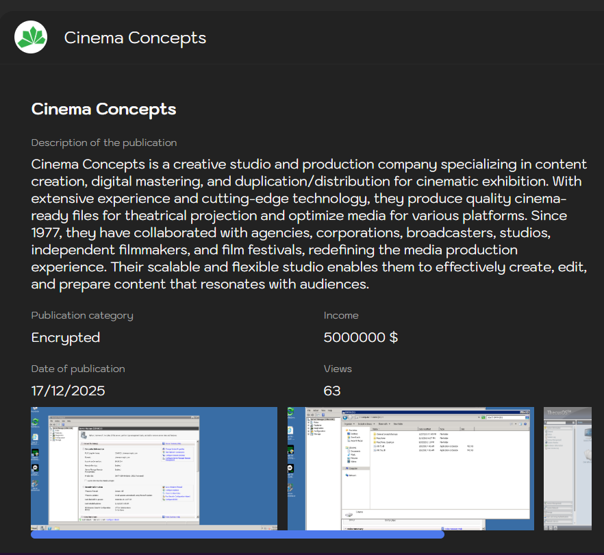 Cinema Concepts Studios将victim落入Sinobi勒索软件手中