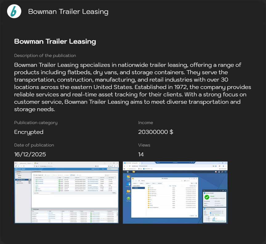 Bowman Trailer Leasing将victim降至Sinobi勒索软件