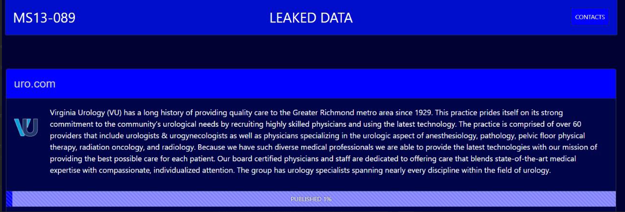 Virginia Urology将victim降至MS13-089勒索软件