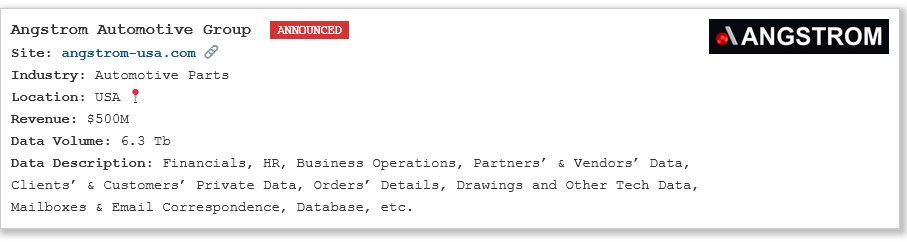 Angstrom Automotive Group，LLC将victim归咎于PEAR勒索软件