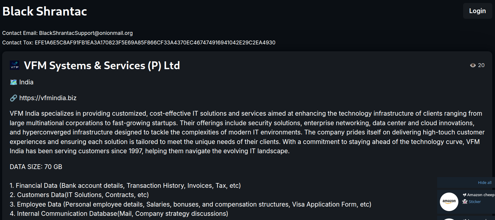 VFM Systems and Services(P)Ltd成为BlackShrantac勒索软件的受害者