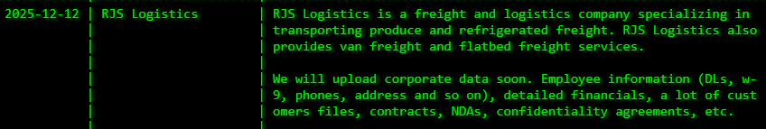 INC.RJS Logistics成为akira勒索软件的受害者