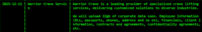 Warrior Crane Service成为akira勒索软件的受害者