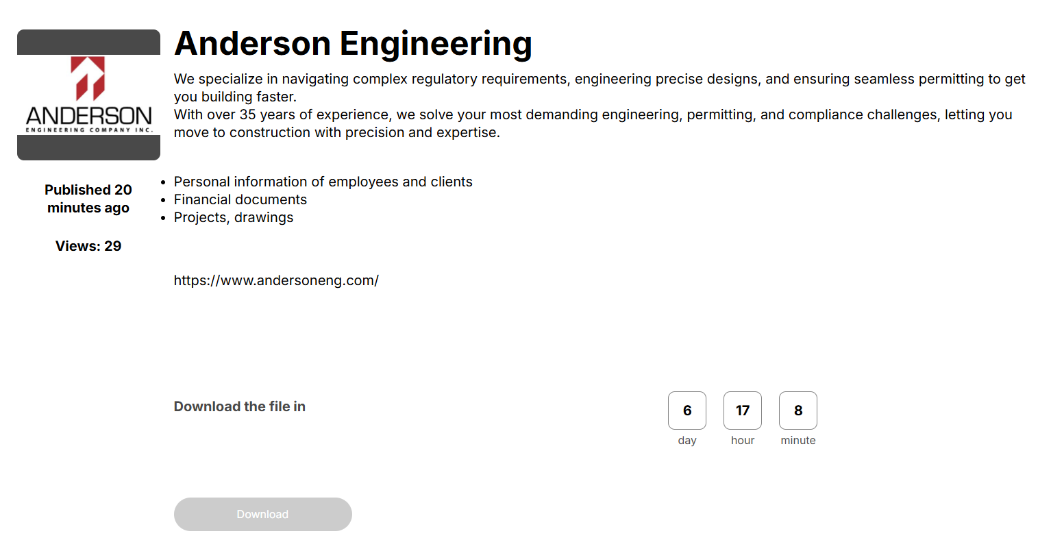 Anderson Engineering公司Inc.成为Space Bears勒索软件的受害者