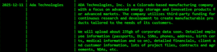ADA技术公司和Inc.成为akira勒索软件的受害者