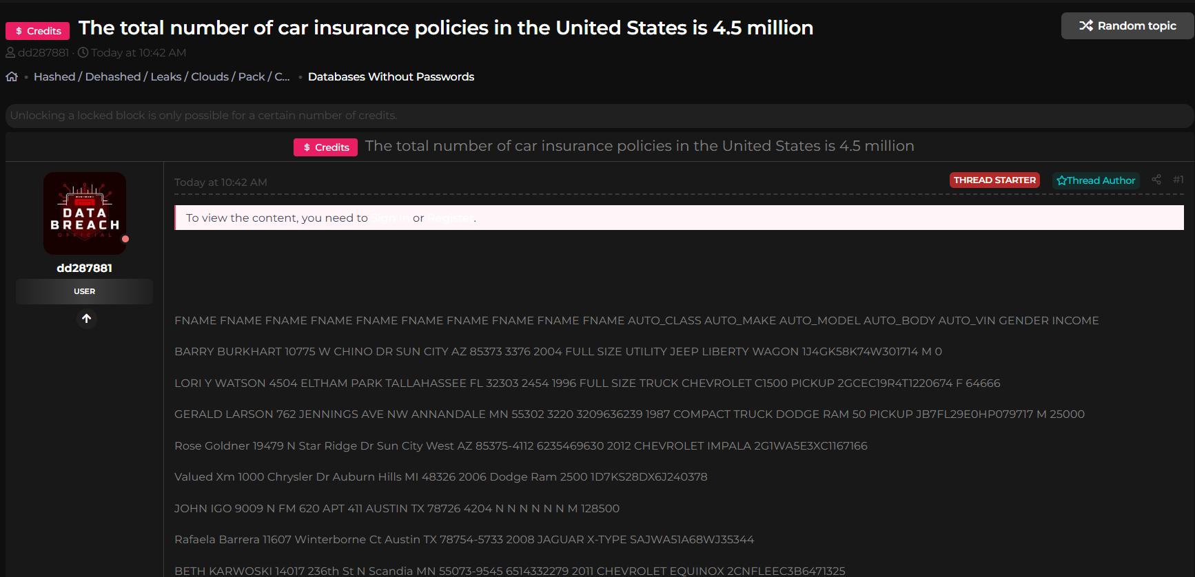 美国汽车insurance投保人涉嫌数据泄露