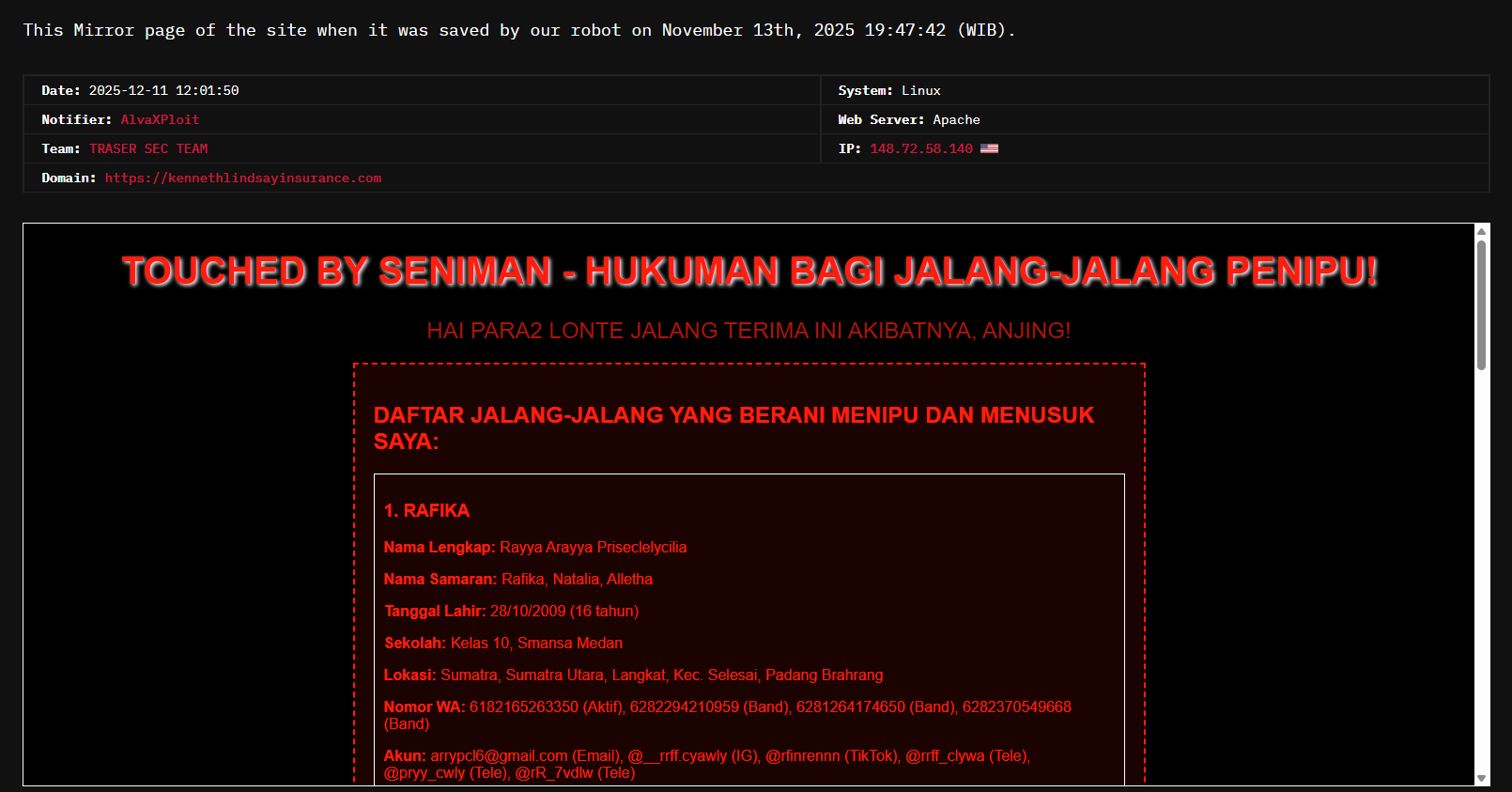 TRASER SEC团队瞄准Kenneth Lindsay insurance的网站