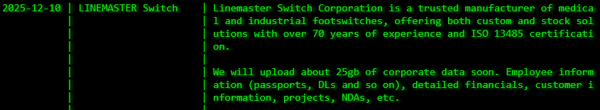Linemaster Switch公司成为akira勒索软件的受害者