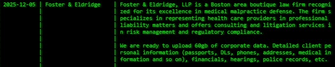 Foster&Eldridge，LLP成为akira勒索软件的受害者