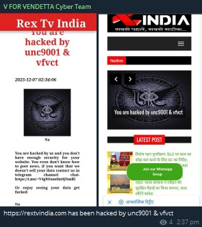 V FOR VENDETTA CYBER团队瞄准Rex TV India网站