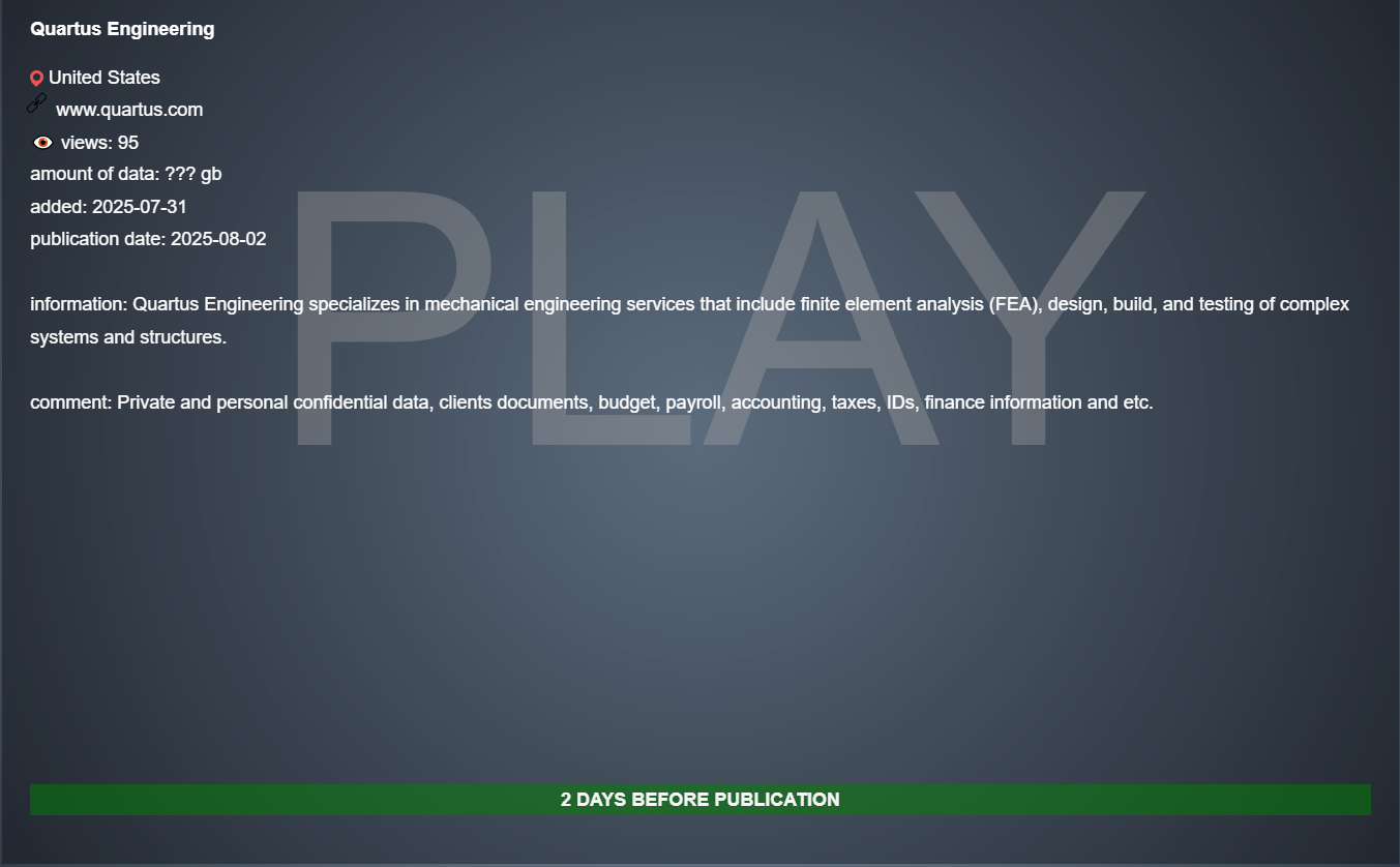 Quartus Engineering成为PLAY勒索软件的受害者