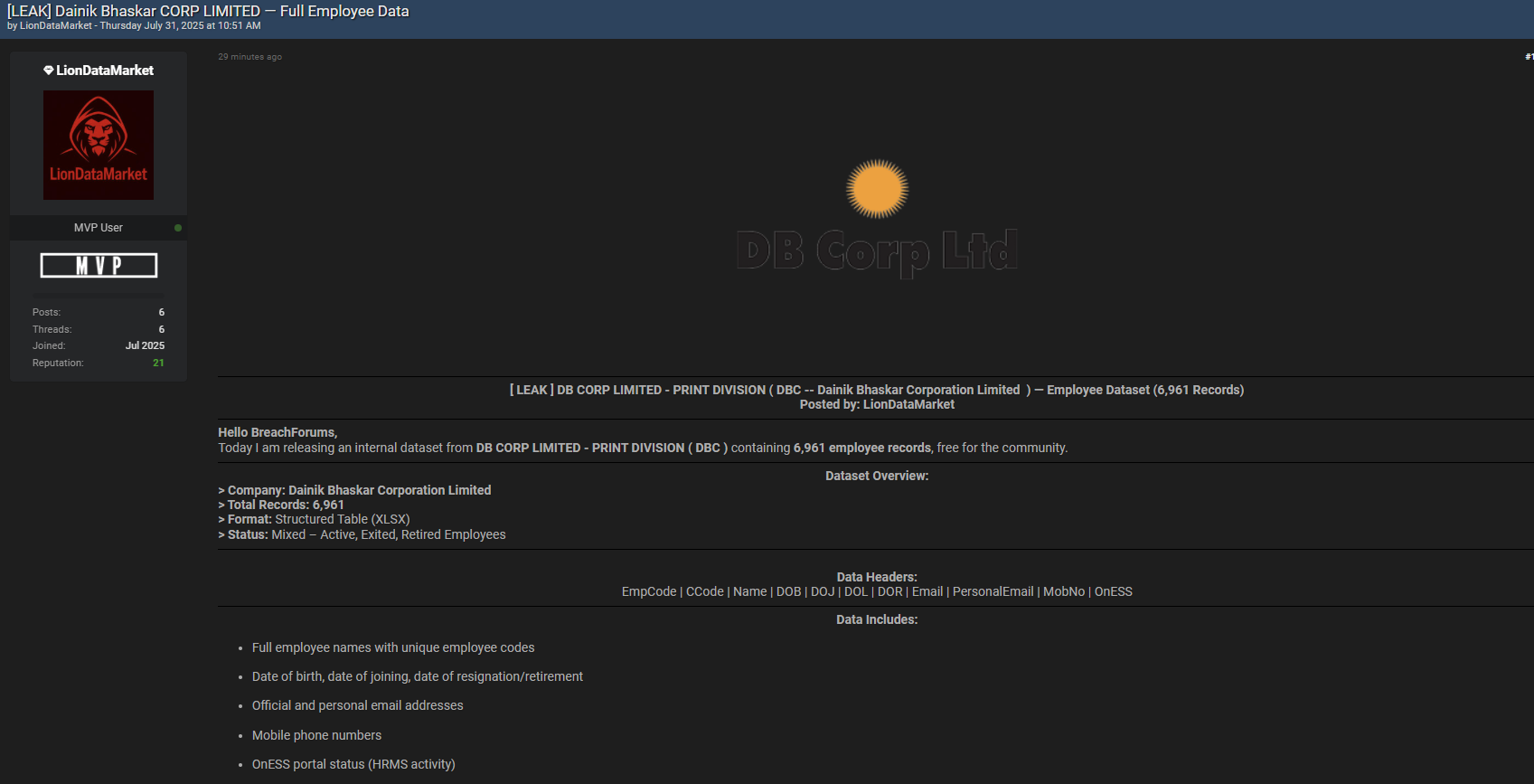 Dainik Bhaskar Corporation Limited的指称数据泄露