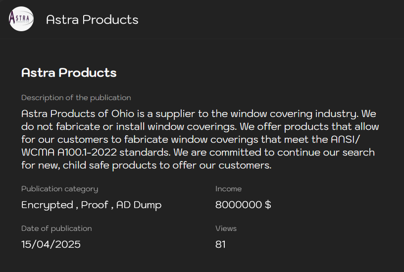 ASTRA PRODUCTS INC成为LYNX勒索软件的受害者