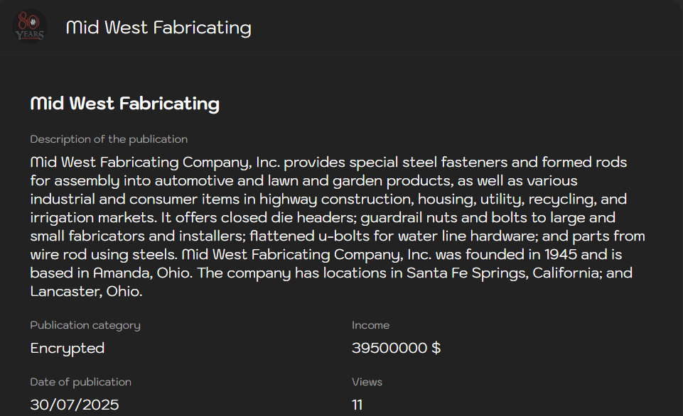 Mid West Fabricating Co将vicitm归咎于Sinobi勒索软件