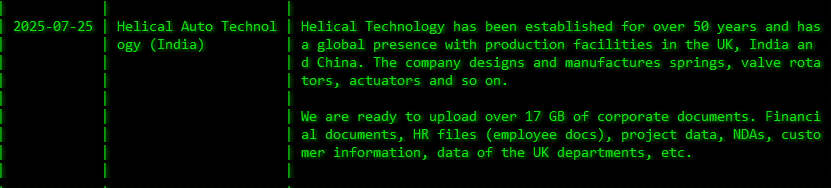 Helical Auto Technology India Pvt.Ltd成为Akira勒索软件的受害者