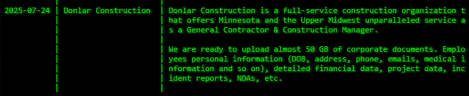 Donlar Construction成为Akira勒索软件的受害者
