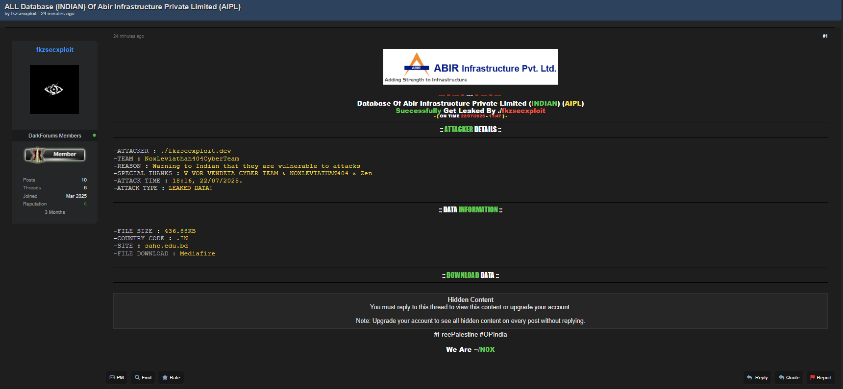 Abir Infrastructure Private Limited(AIPL)涉嫌数据泄露