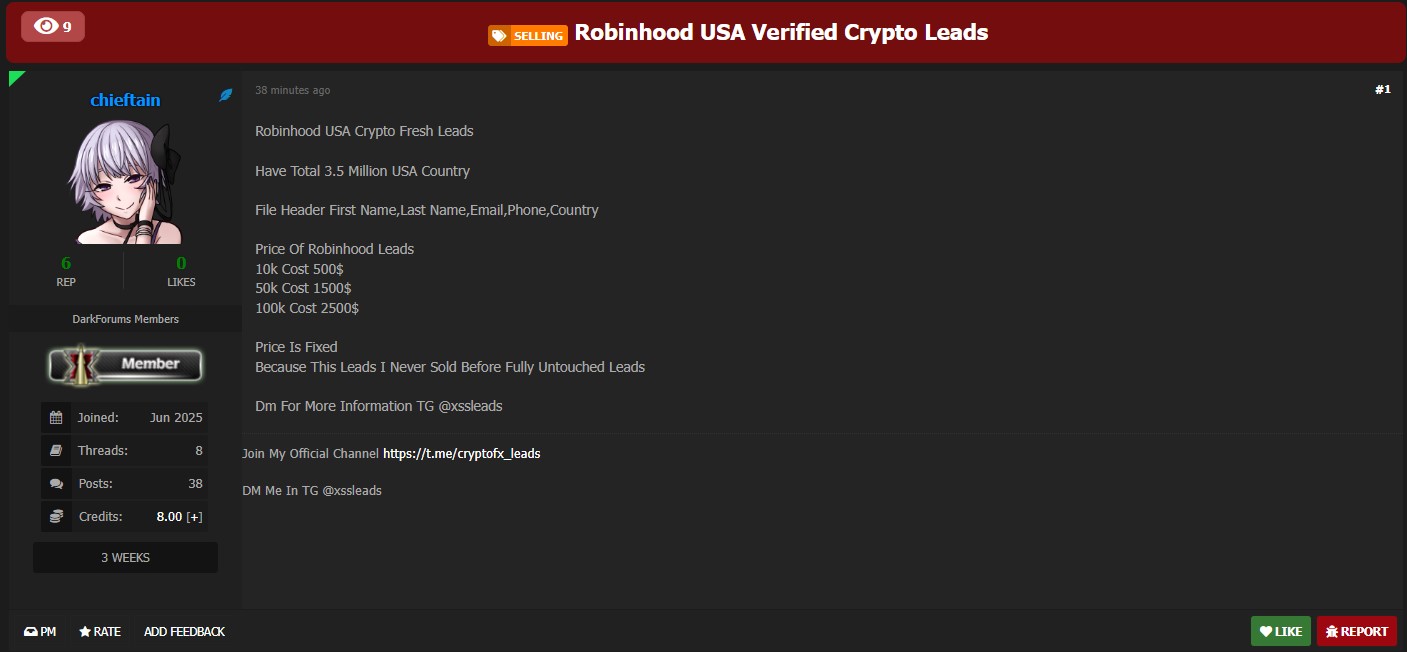 涉嫌从美国出售Robinhood加密货币线索