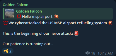 Golden falcon声称目标是明尼阿波利斯-圣。保罗国际机场
