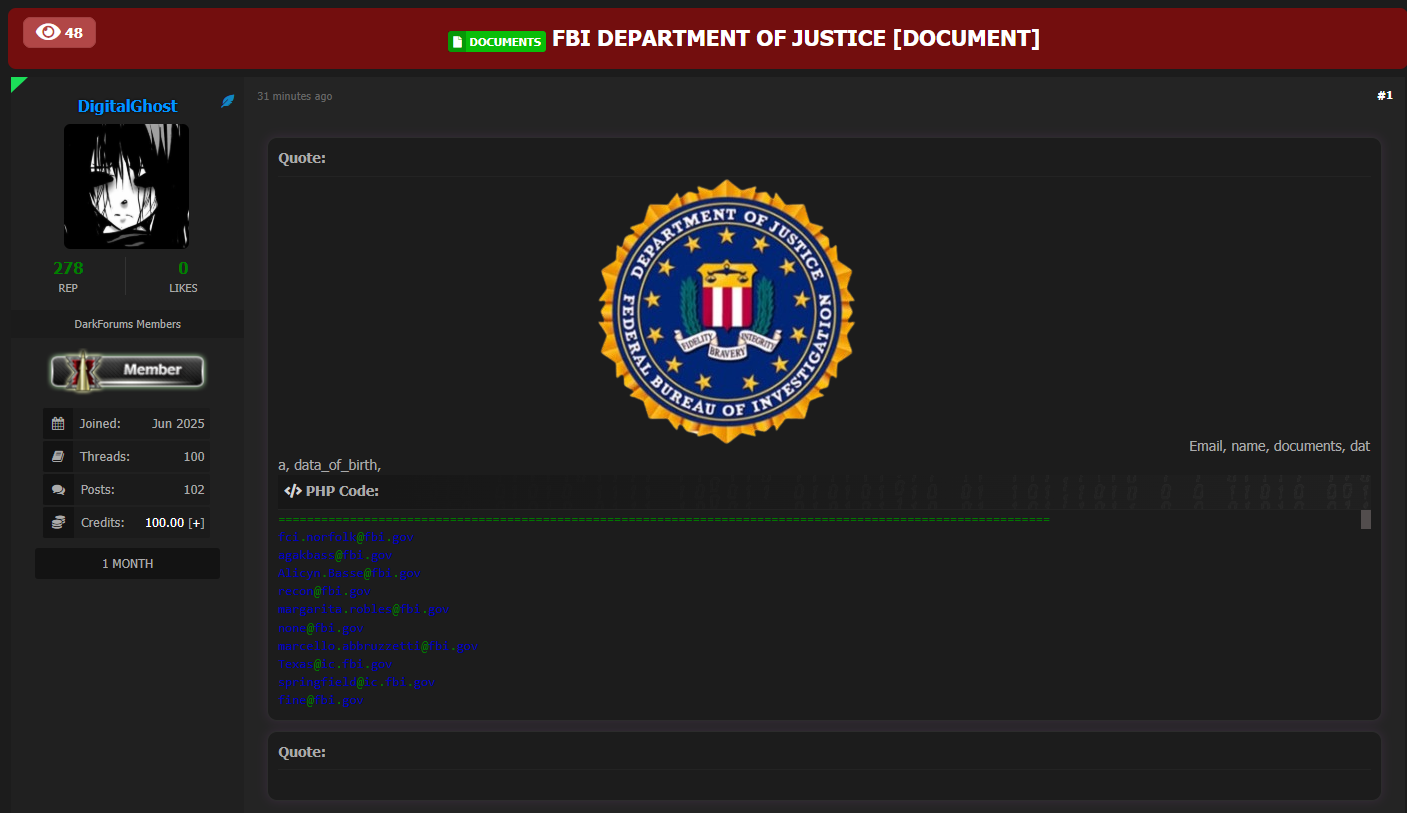 Federal调查局（FBI）涉嫌数据泄露