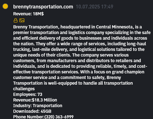 Brenny Transportation，INC.和Brenny Specialized，Inc成为INC RANSOM勒索软件的受害者