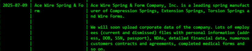 Ace WIre Spring&Form Company，Inc成为akira勒索软件的受害者