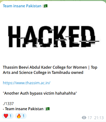 Team insane Pakistan针对Thassim Beevi Abdul Kader女子学院网站