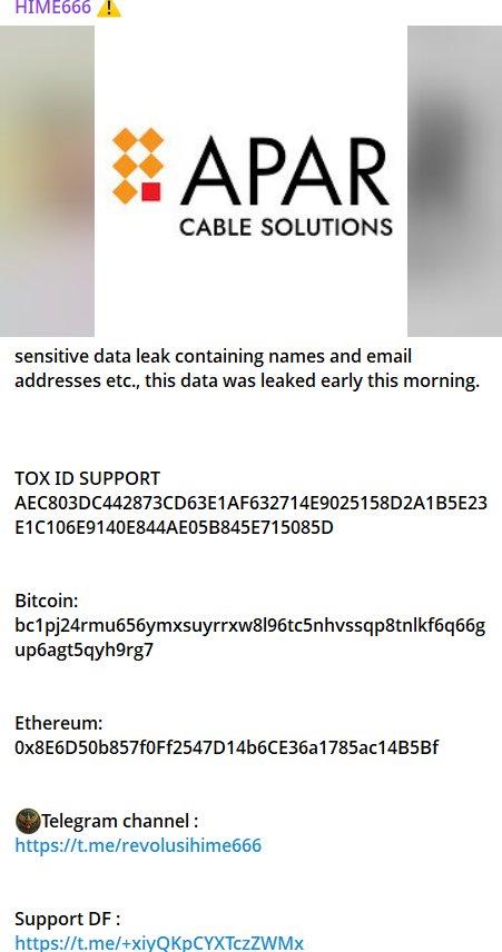 APAR Cable Solutions涉嫌数据外泄